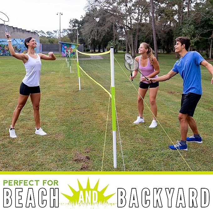Franklin Sports Badminton Set - Portable Backyard + Beach Badminton Set - Adult + Kids 4 Player Badminton Net Set - (4) Rackets + (2) Birdies Included - Advanced