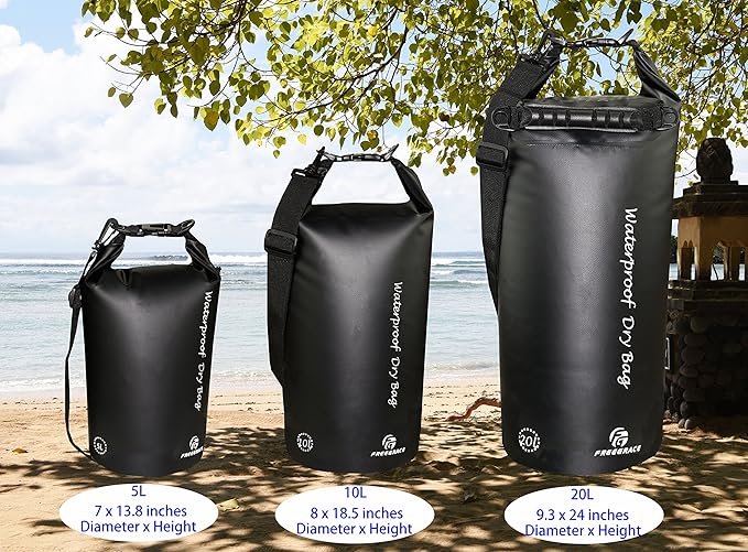 Freegrace Waterproof Dry Bags Set of 3 Dry Bag with 2 Zip Lock Seals & Detachable Shoulder Strap, Waist Pouch & Phone Case - Can Be Submerged Into Water (Black, 20L)
