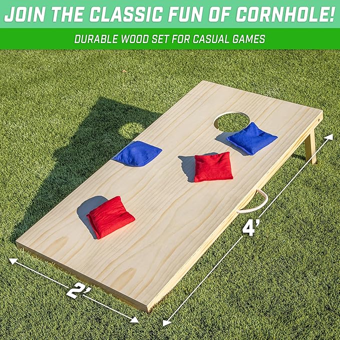GoSports 4 x 2 ft Classic Wooden Cornhole Board Set - Portable Bean Bag Toss Game for Adults & Family - Includes Set of 8 Bean Bags with Tote Bag