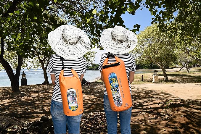 Freegrace Waterproof Dry Bags Set of 3 Dry Bag with 2 Zip Lock Seals & Detachable Shoulder Strap, Waist Pouch & Phone Case - Can Be Submerged Into Water - for Swimming (Orange(Window), 10L)