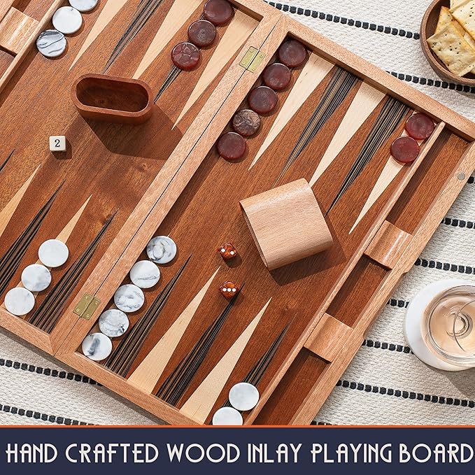 17 Inch Backgammon Sets for Adults. Beautiful Wood Inlaid Backgammon Board Game Set with Unique Checkers & Dice. Large Back Gammon Game Sets Travel Size for 2 Players Nardi or Tavla