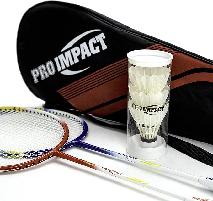 Pro Impact Badminton Racket Set - Lightweight Aluminum Head Rackets with Steel Shaft, Feather Shuttlecocks, Durable Carrying Case - Perfect for Outdoor Games, Adults, Kids, and Family Fun