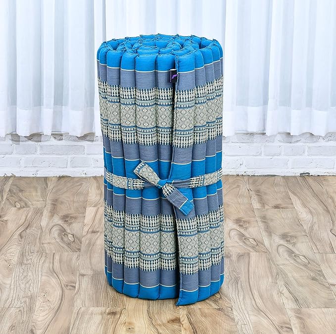 Leewadee - Foldable Floor Mattress - Japanese Roll Up Futon -Trifold Tatami Mat- Guest Floor Bed - Camping Mattress - Thai Massage Mat, Kapok Filled, 75 x 28 inches, Light Blue