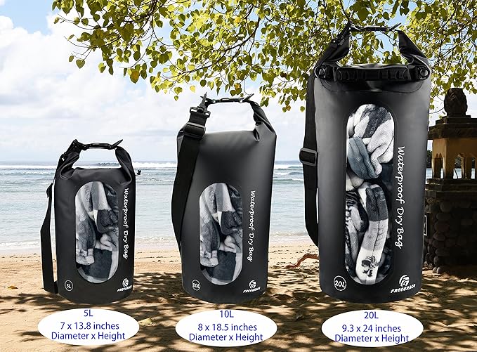 Freegrace Waterproof Dry Bags Set Of 3 Dry Bag With 2 Zip Lock Seals & Detachable Shoulder Strap, Waist Pouch & Phone Case - Can Be Submerged Into Water - For Swimming (Black(Window), 5L)