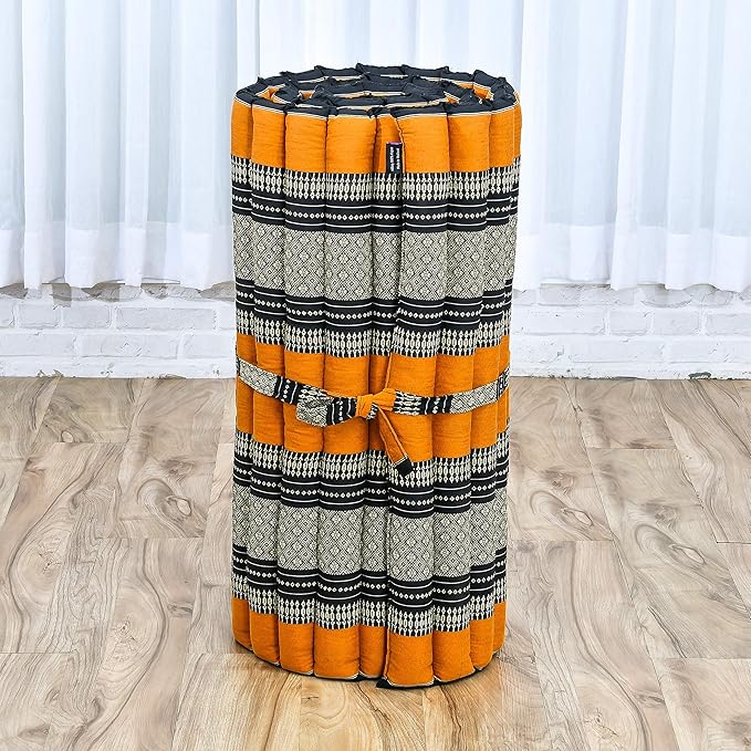 Leewadee - Foldable Floor Mattress - Japanese Roll Up Futon -Trifold Tatami Mat- Guest Floor Bed - Camping Mattress - Thai Massage Mat, Kapok Filled, 75 x 28 inches, Black Orange